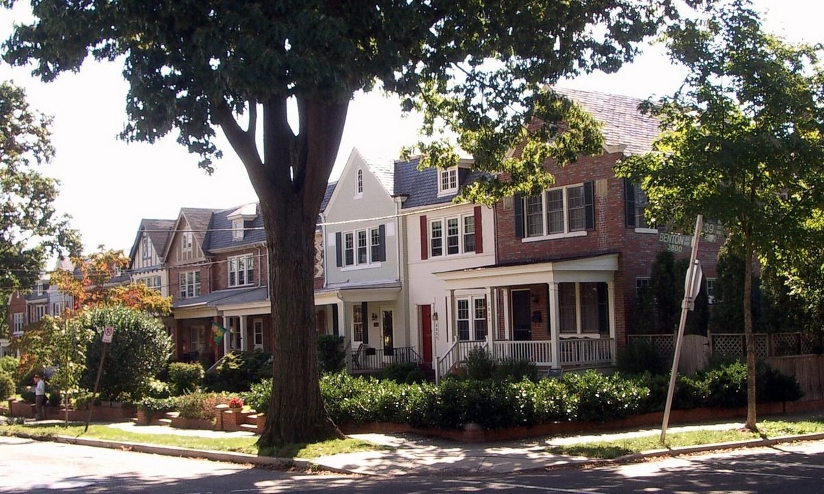 Real residential streetscape selected to represent the townhome character around Bethesda, Maryland