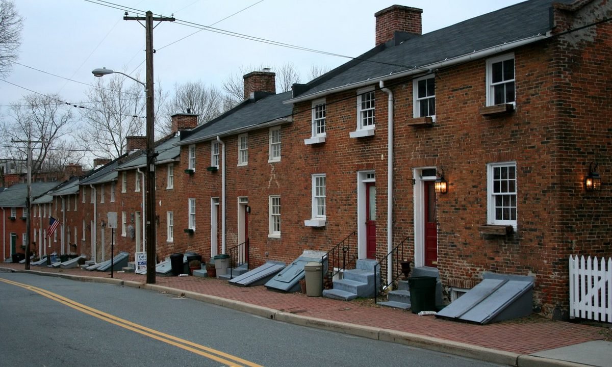 Real residential streetscape selected to represent the townhome character around Frederick, Maryland