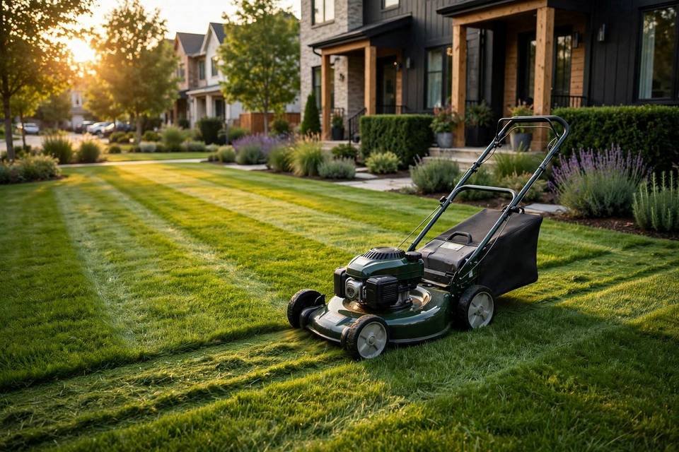 Push mower making a careful pass across a residential lawn